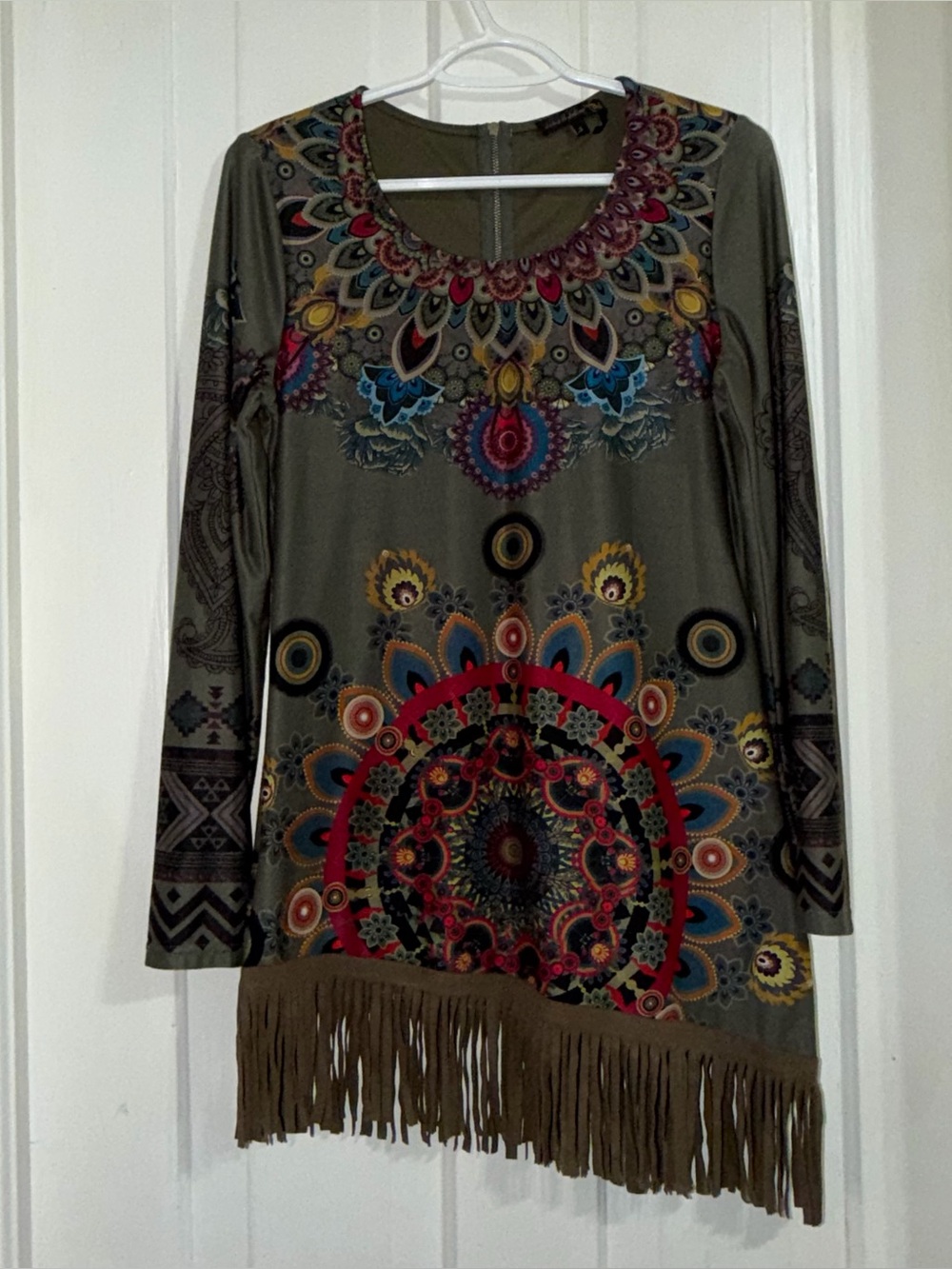 Women’s size small dress Olive Boho Fringe Tunic Top Mandala Jane & John